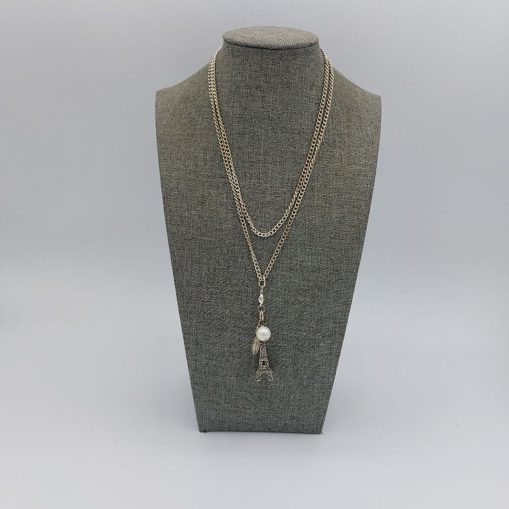 Silver Toned Charm Necklace Paris Eifel Tower Heart Faux Pearl Chain 32" + 3" Ex